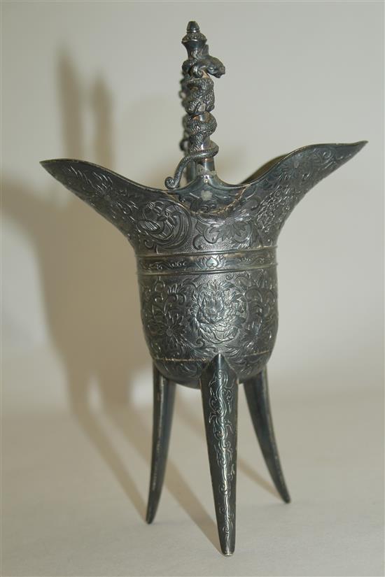 A late 19th century Japanese silver model of a Chinese archaic jue, 11 oz.